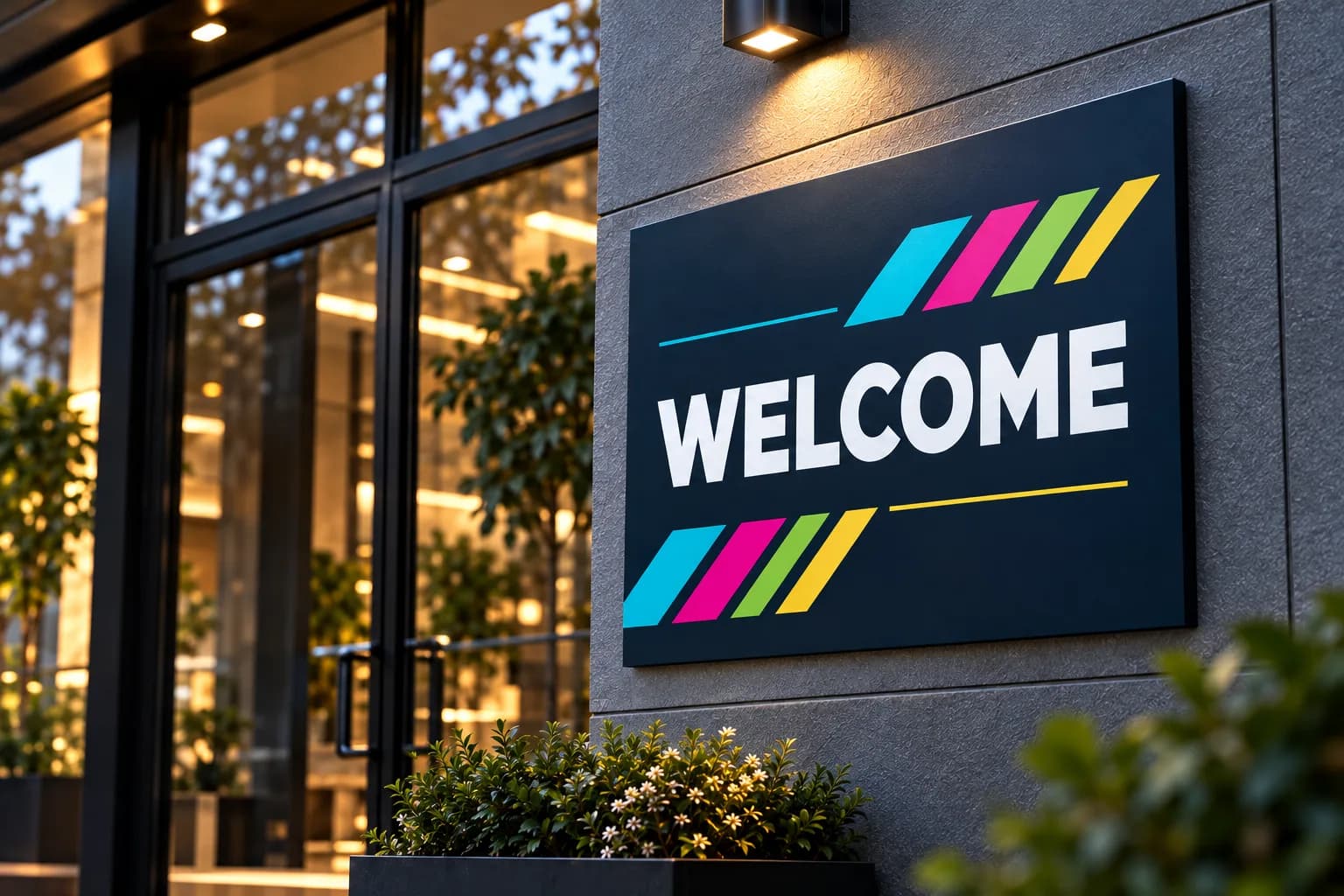 Illustrative aluminum composite sign mounted beside a warmly lit storefront.