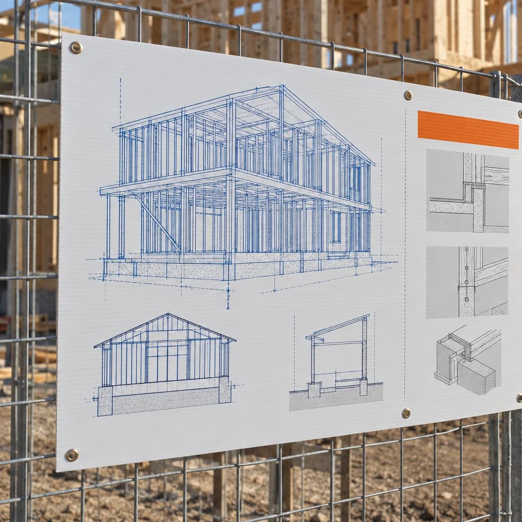 Illustrative coroplast sign mounted on a construction fence