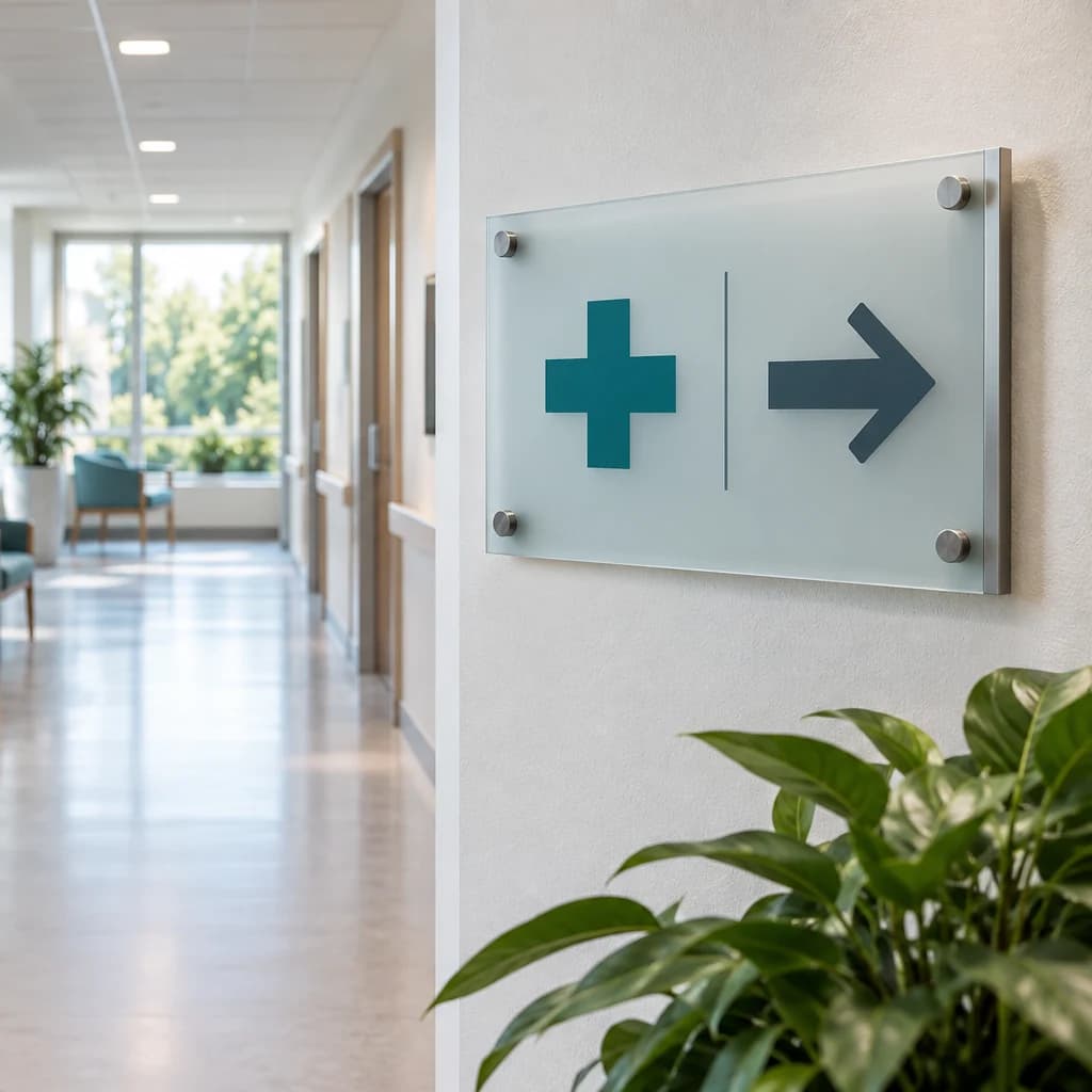 Illustrative wayfinding sign in a clinic reception area