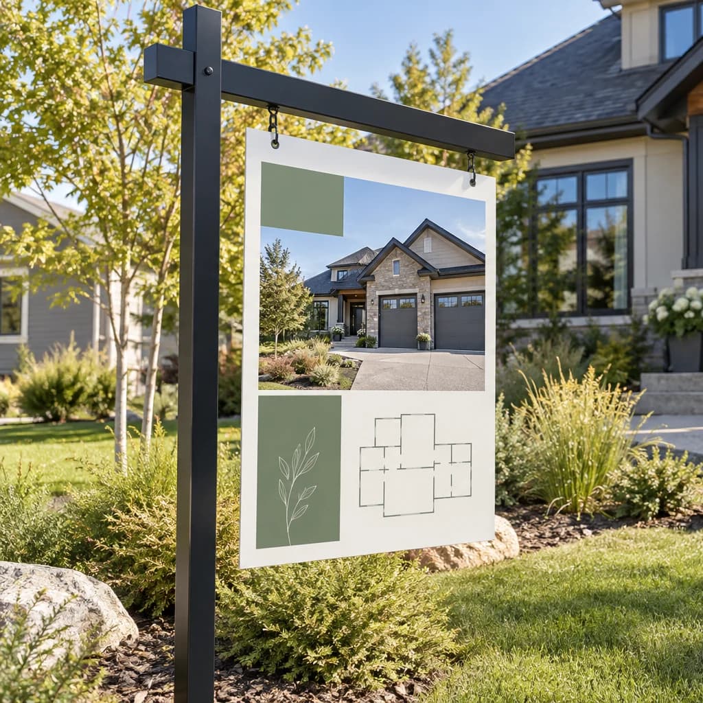 Illustrative real estate yard sign outside a house
