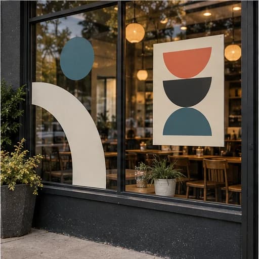 Illustrative window graphics on a restaurant storefront