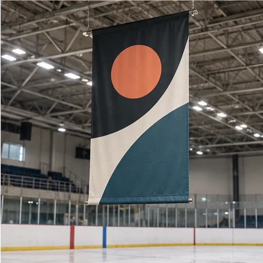 Illustrative hanging event banner in an indoor sports arena