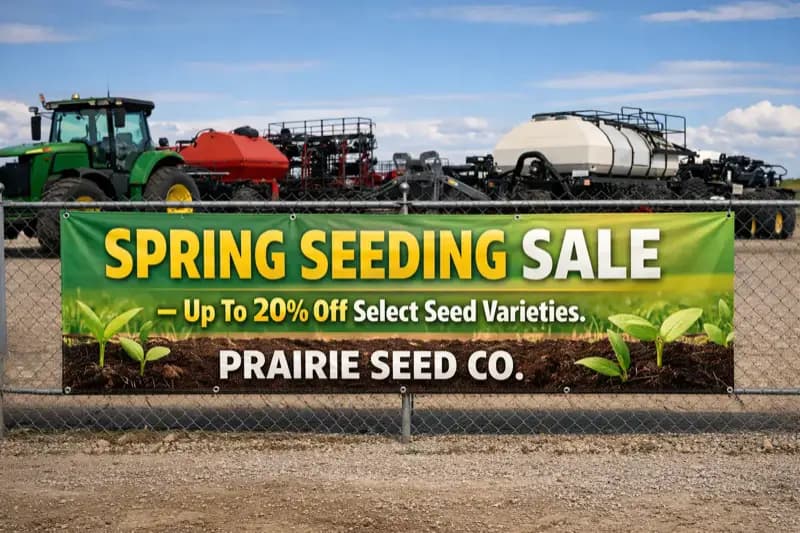 Spring Seeding Sale Banner — Vinyl Banner design example for Saskatchewan businesses — True Color Display Printing