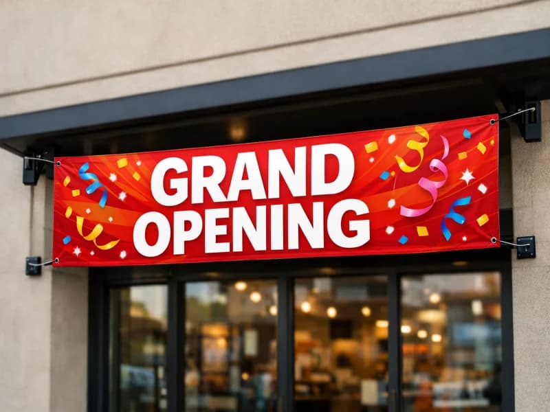 Grand opening storefront banner printed in Saskatoon — True Color Display Printing, Saskatoon SK