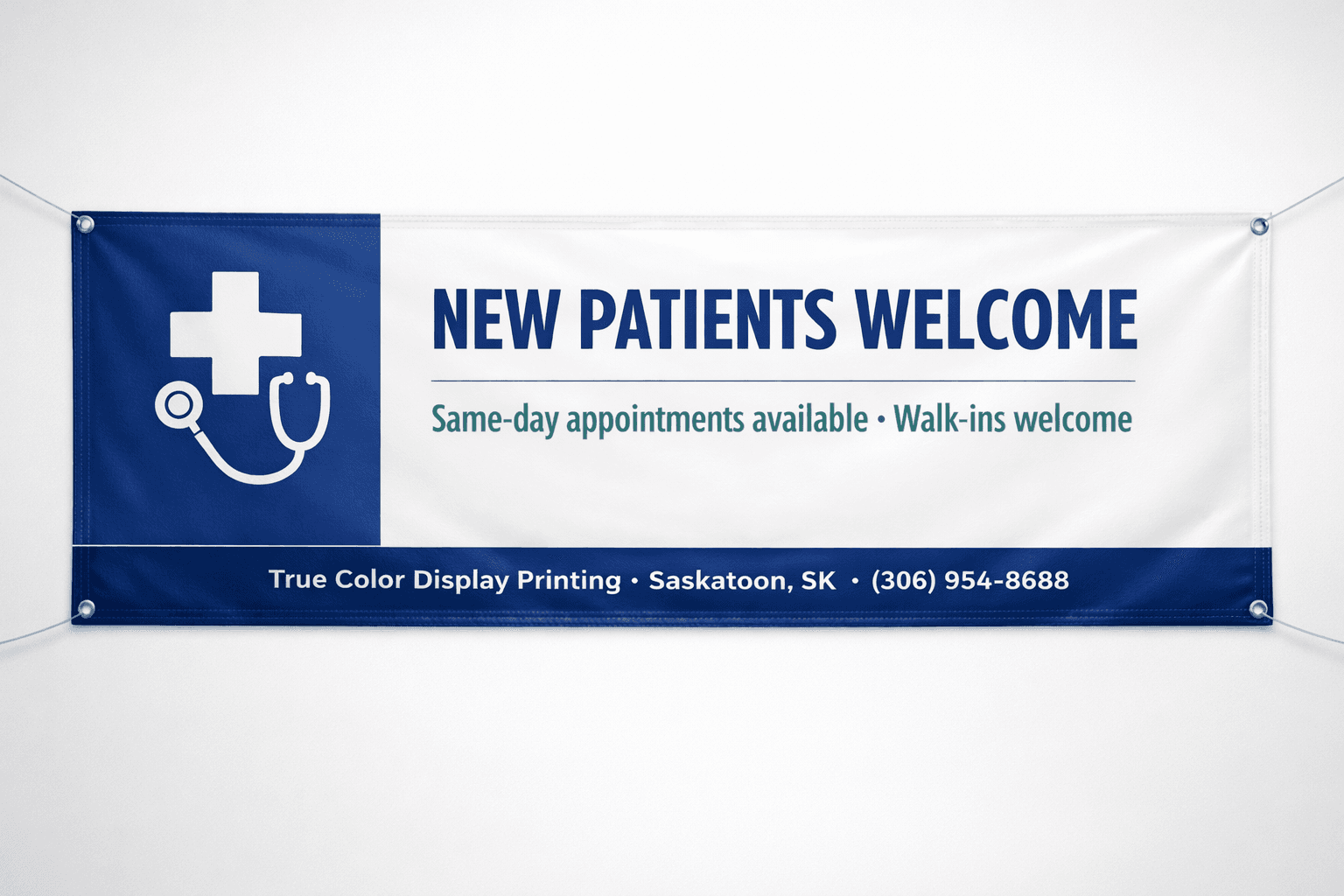 New Patients Welcome clinic vinyl banner — navy and white professional style