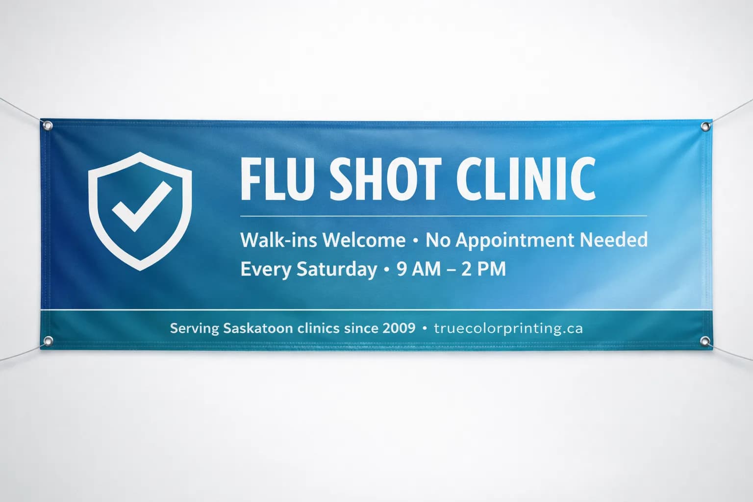 Health event promotional vinyl banner — walk-in clinic community promotion