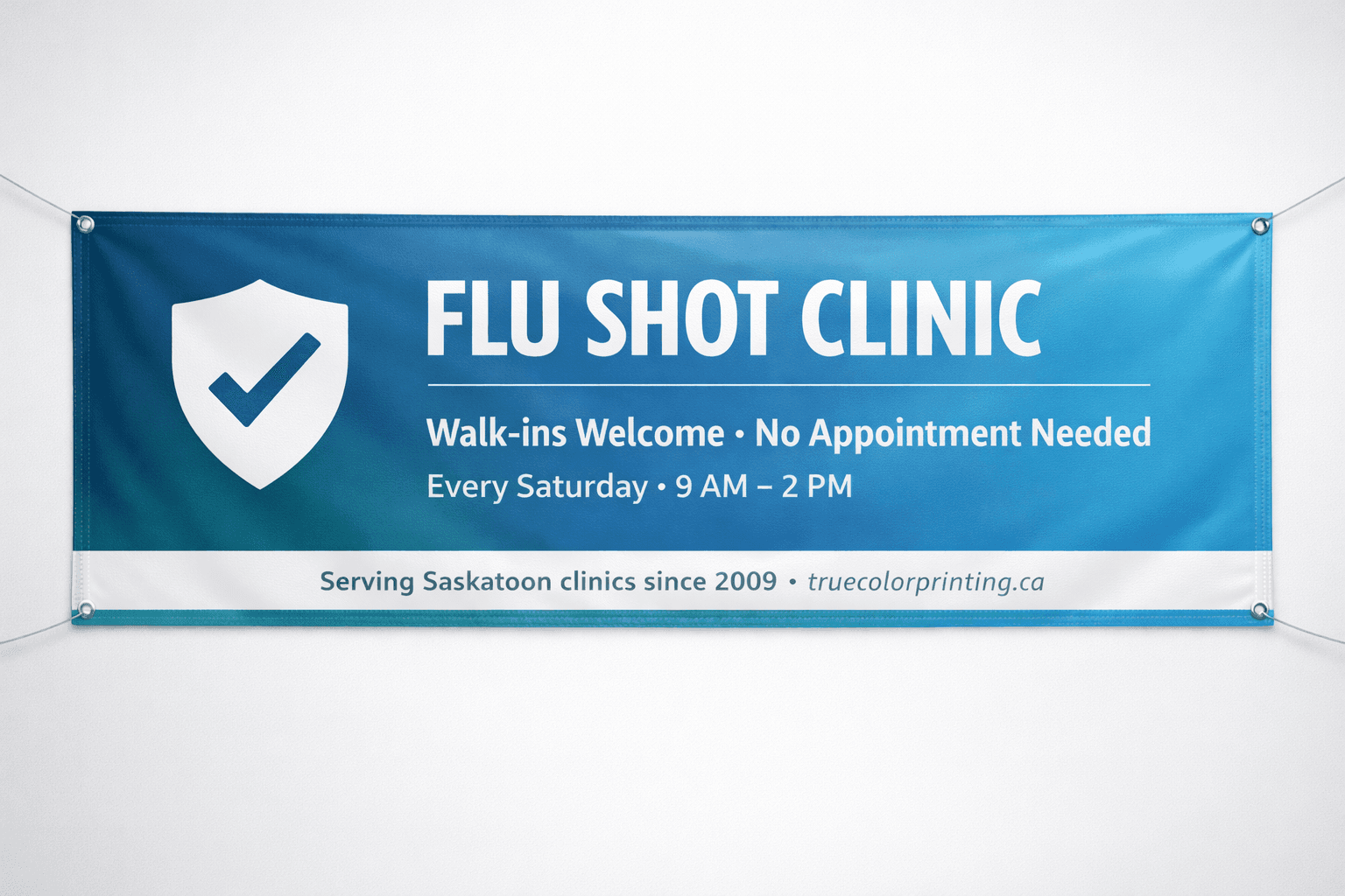 Flu Shot Clinic health awareness vinyl banner — teal gradient walk-ins welcome