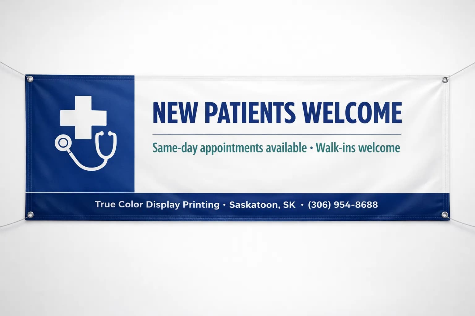 New Patients Welcome Banner — Vinyl Banner design example for Saskatchewan businesses — True Color Display Printing