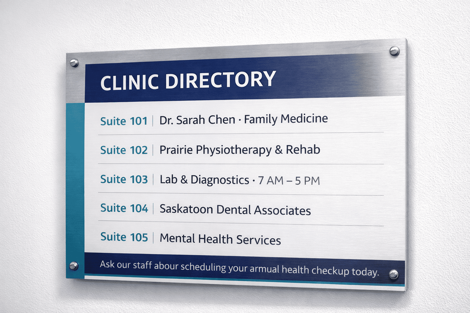 ACP aluminum composite clinic directory sign — wall-mounted permanent standoff sign
