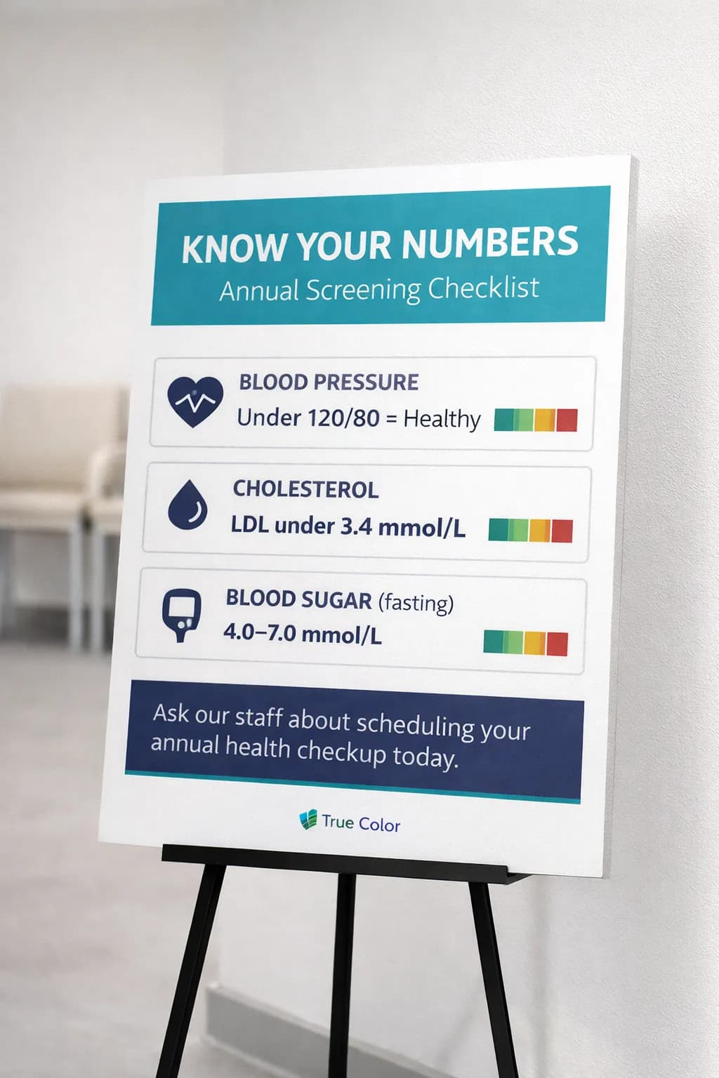 Waiting room foam board education display — Know Your Numbers annual screening checklist