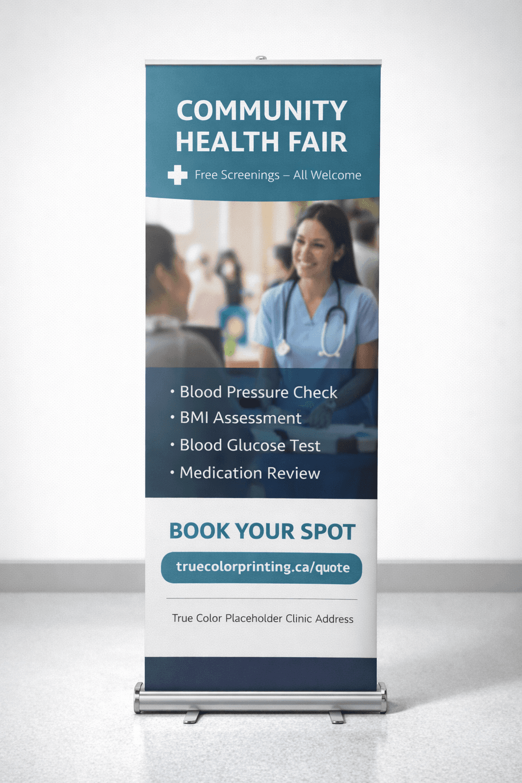 Community Health Fair retractable banner stand — free screenings, book your spot