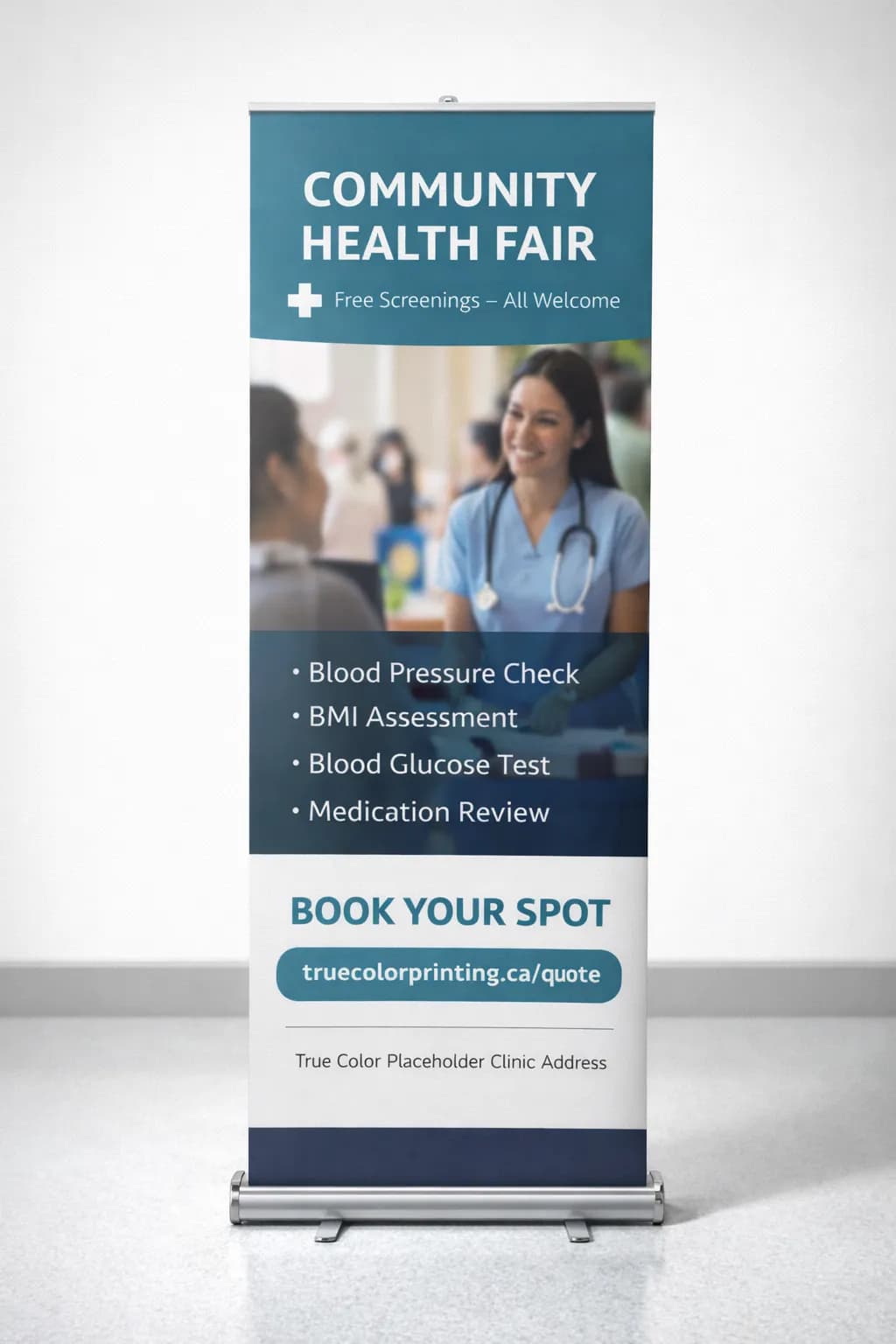 Health Fair Display Stand — Retractable Banner design example for Saskatchewan businesses — True Color Display Printing