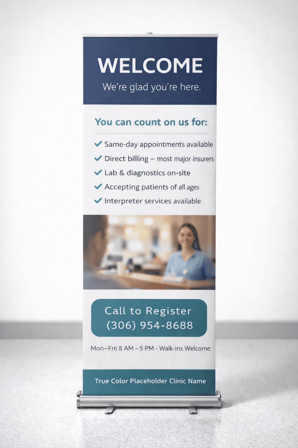 Welcome new patients retractable banner stand for clinic reception area