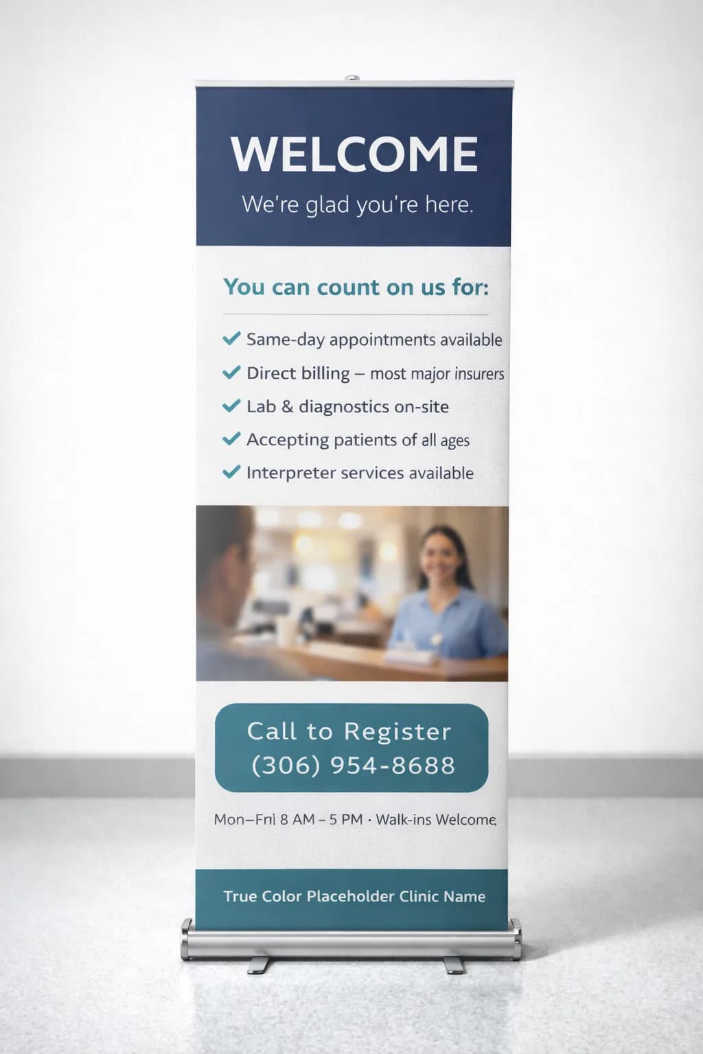 Reception Welcome Stand — Retractable Banner design example for Saskatchewan businesses — True Color Display Printing