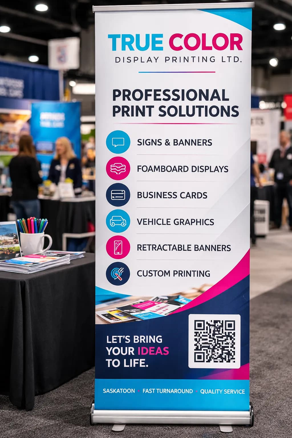 Trade show retractable banner stand display for Saskatoon business — True Color Display Printing, Saskatoon SK