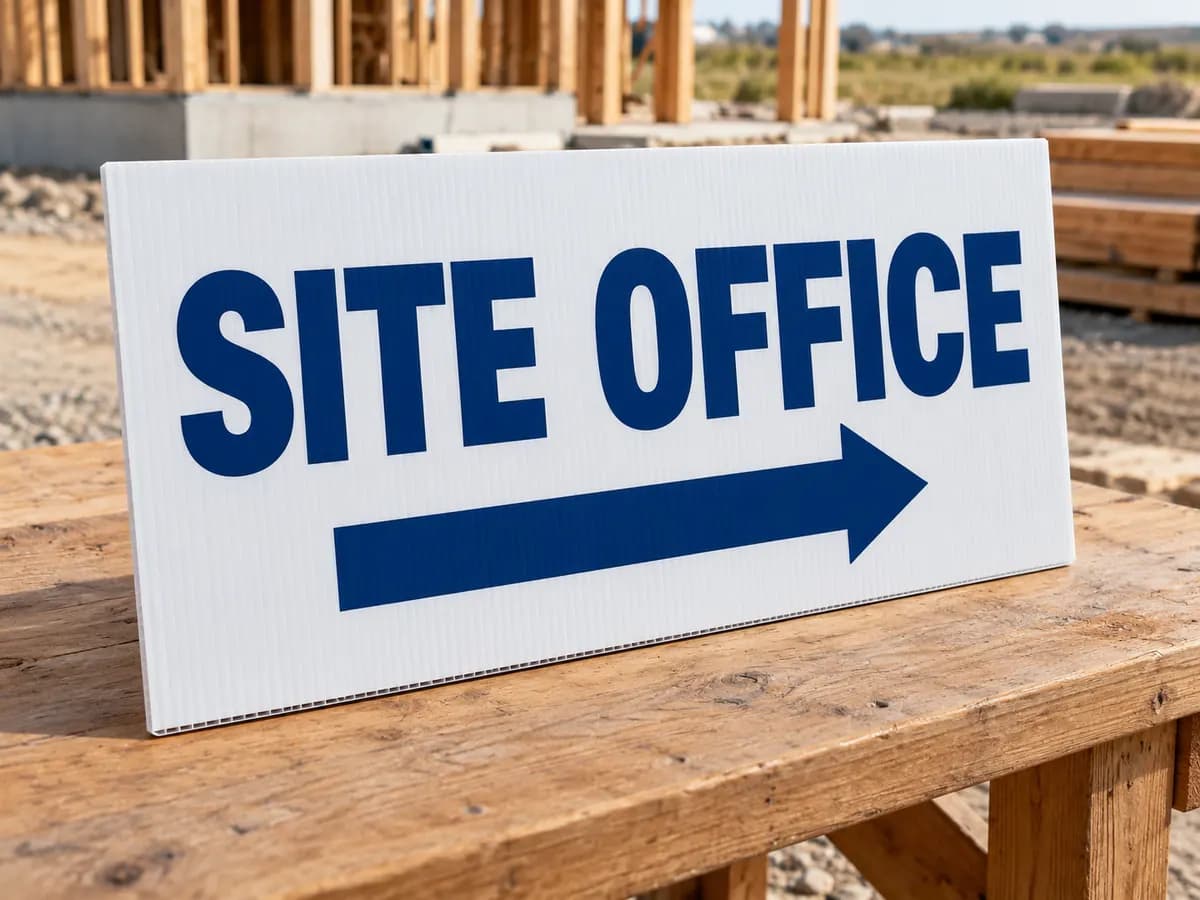 Illustrative white site office sign with a right arrow on a workbench