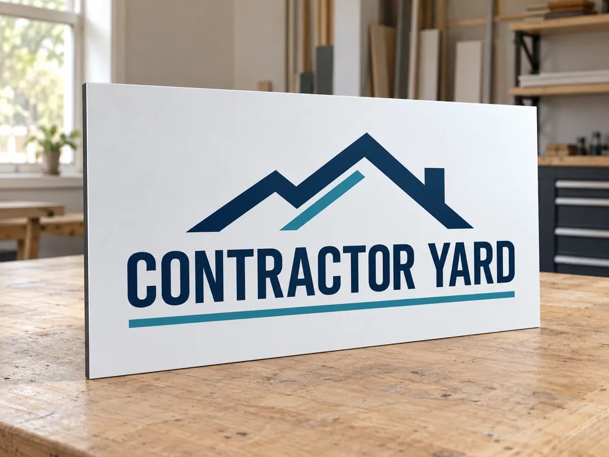 Illustrative white contractor yard sign resting on a workshop bench