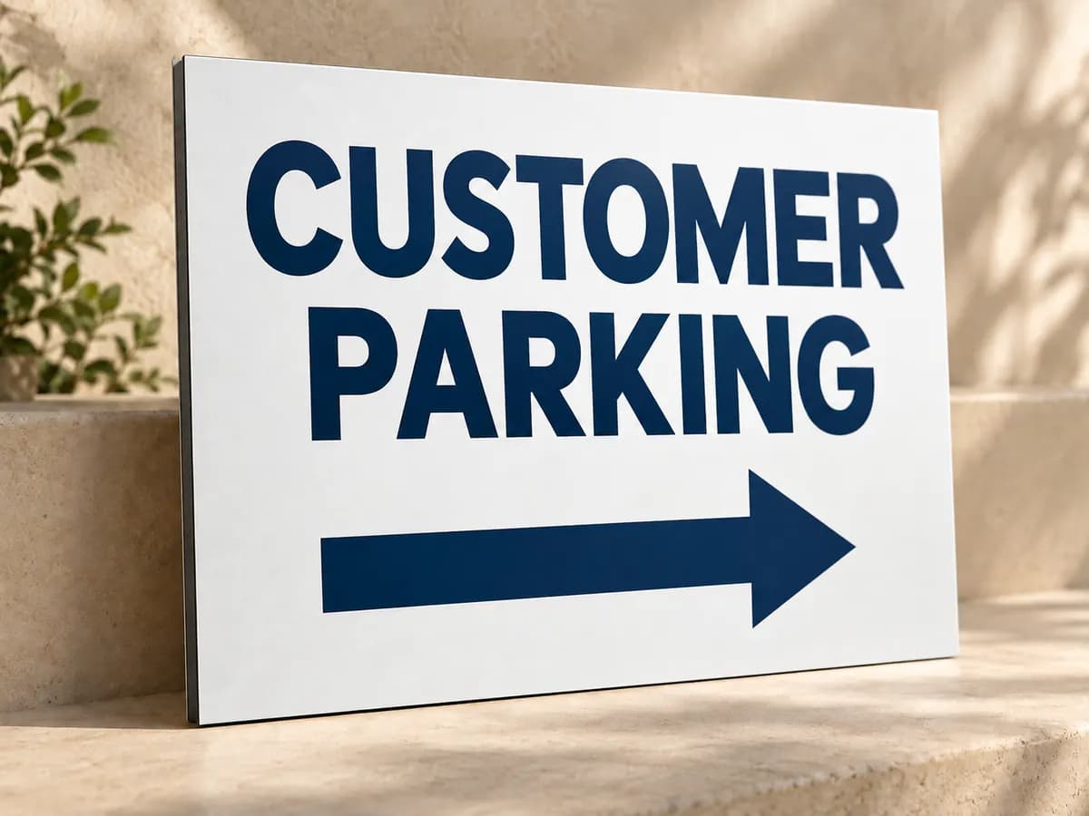 Illustrative rectangular white customer parking sign with a right arrow on a stone ledge