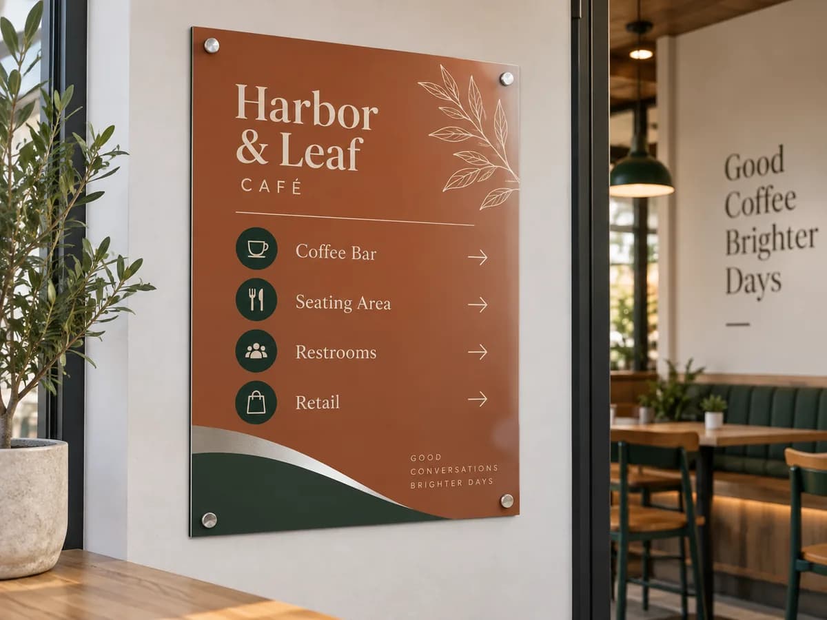 Illustrative Warm terracotta cafe directory on flat ACP, different graphic hierarchy