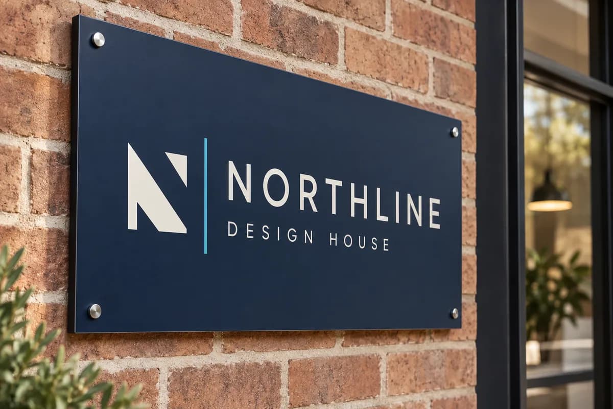 Illustrative navy Northline Design House ACP sign mounted on a brick wall.