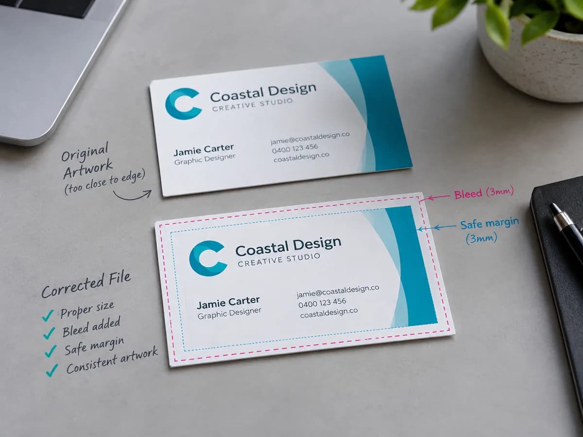 Illustrative Simple fictional business card file correction with consistent artwork and visible safe margin