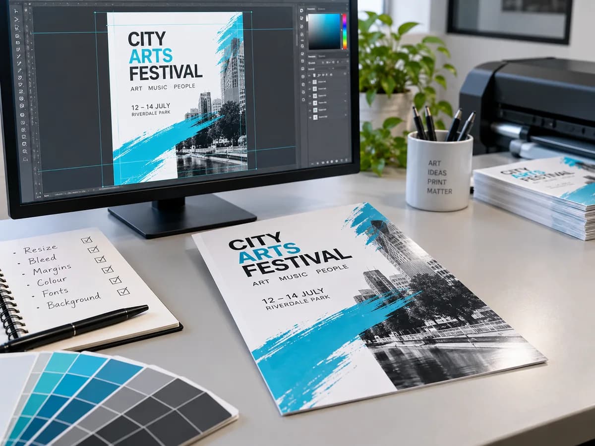 Illustrative Same print-ready flyer paired with finished gloss print, no fake calibration claims