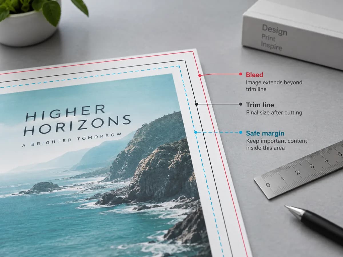 Illustrative Close trim line, bleed and safe margin; guides outside final artwork and explanatory labels typeset separately
