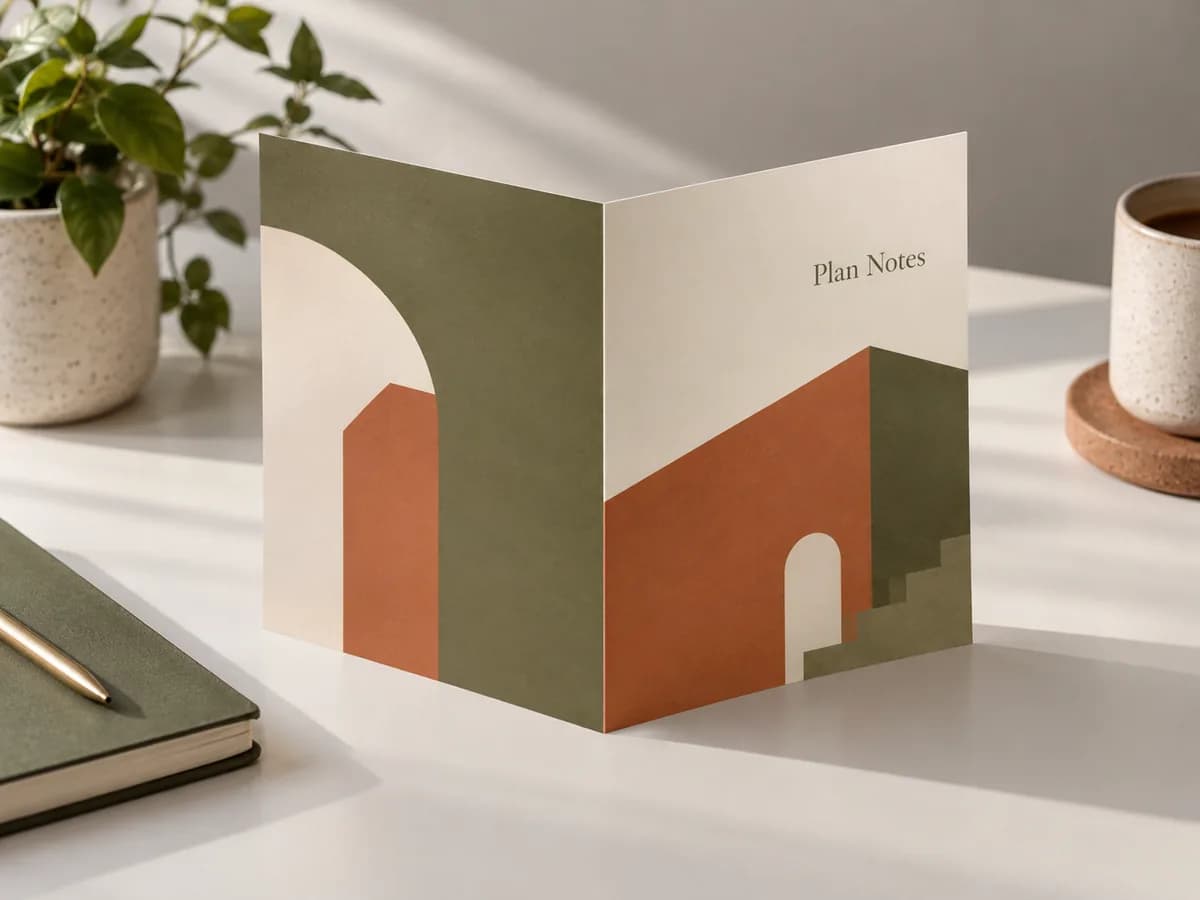 Illustrative terracotta and olive half-fold brochure on a desk beside a notebook.