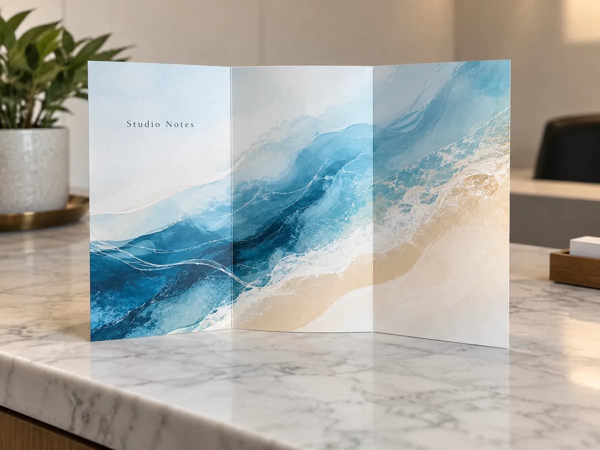 Illustrative blue-and-cream tri-fold brochure standing open on a counter.
