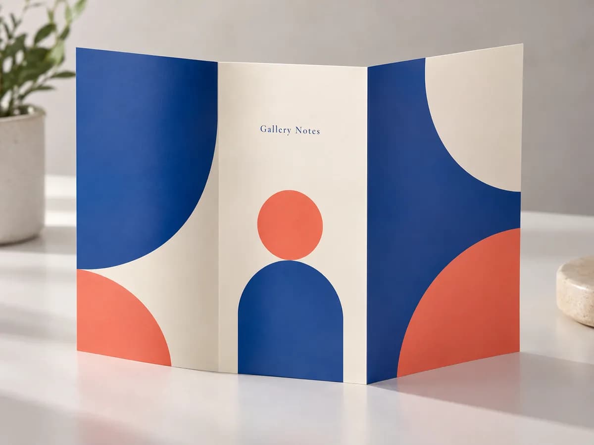 Illustrative blue and coral tri-fold brochure showing three scored panels.