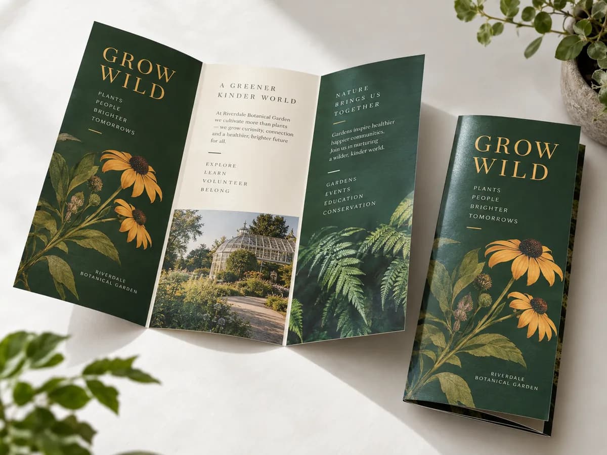 Illustrative green botanical tri-fold brochure open beside its folded cover.