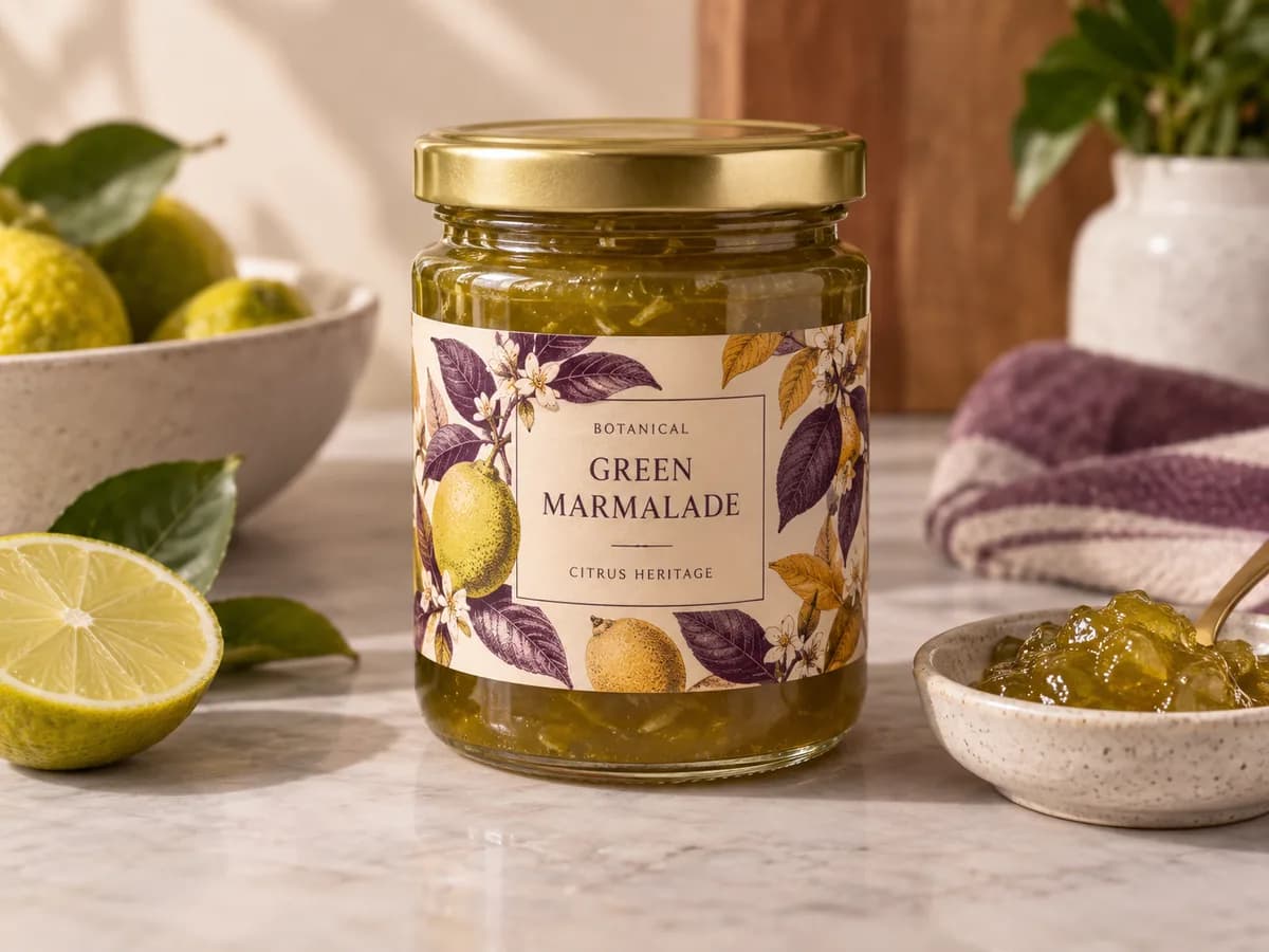 Illustrative Botanical green marmalade jar label as materially different application