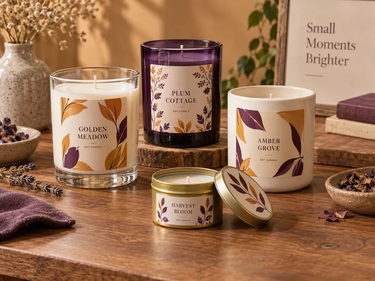 Illustrative Unlit candle collection on warm wood boutique display