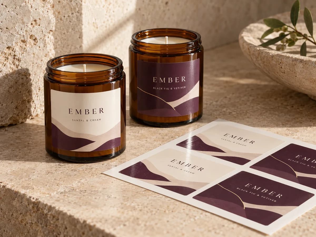 Illustrative Unlit fictional candle jar and tin with distinctive printed label artwork