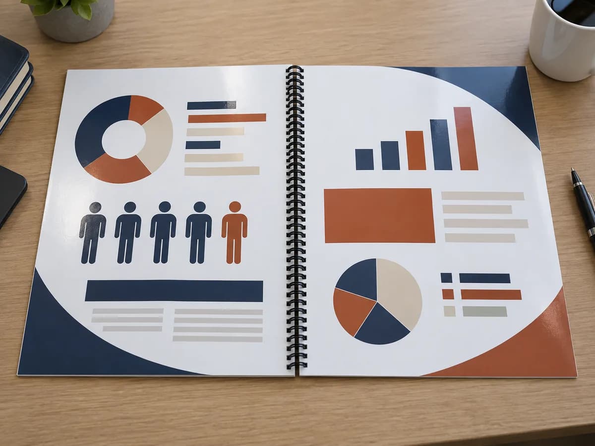 Illustrative Open booklet lying flat on indoor training desk, continuous plastic coil and full-colour spread