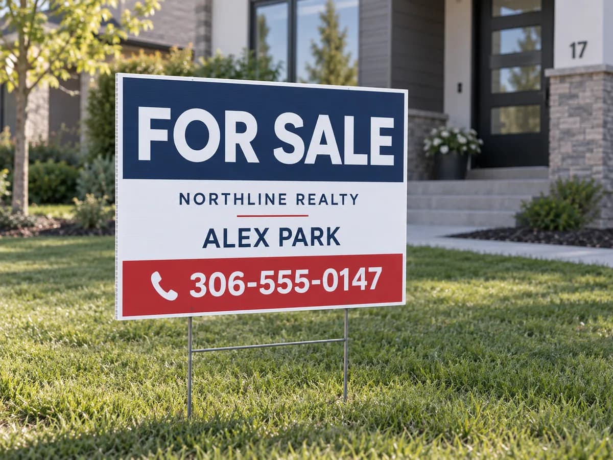 Illustrative blue, white and red real-estate For Sale yard sign on a wire stake.