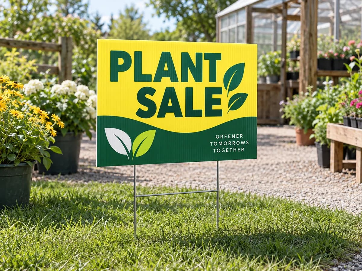 Illustrative yellow-and-green Plant Sale coroplast sign on a wire stake outside a greenhouse.