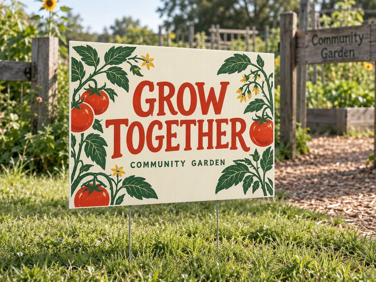 Illustrative coroplast yard sign with tomato artwork and Grow Together text in a community garden.