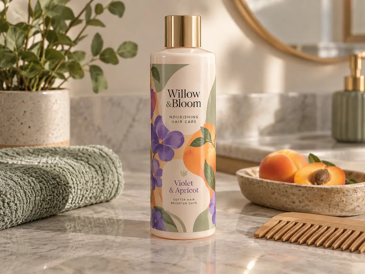 Illustrative Violet and apricot expressive hair-care label on smooth cylindrical bottle