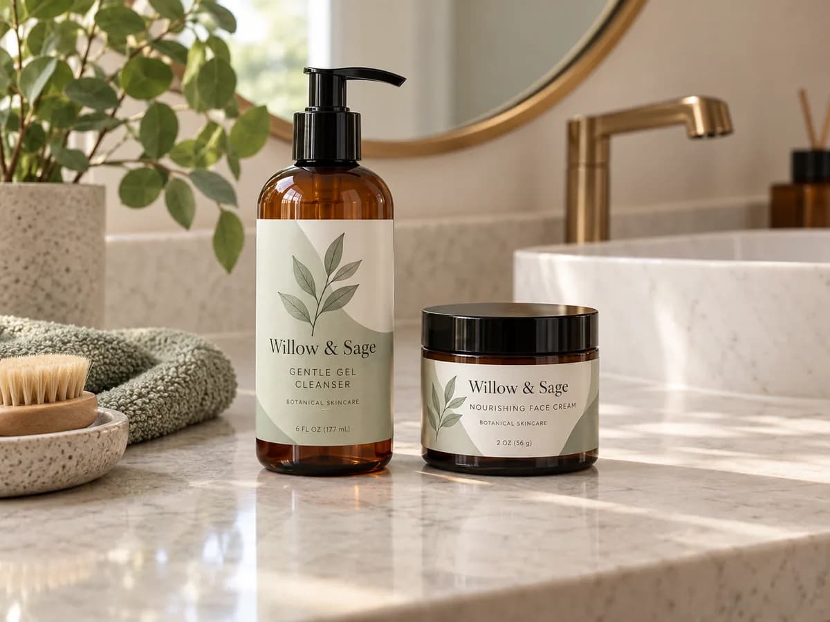 Illustrative Bathroom vanity application scene with two labelled skincare products