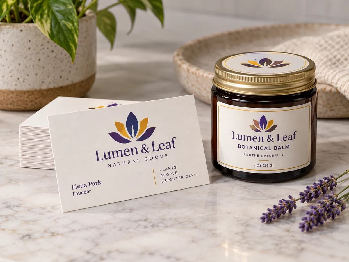 Illustrative Same fictional identity on business card and small packaging label, each material credible