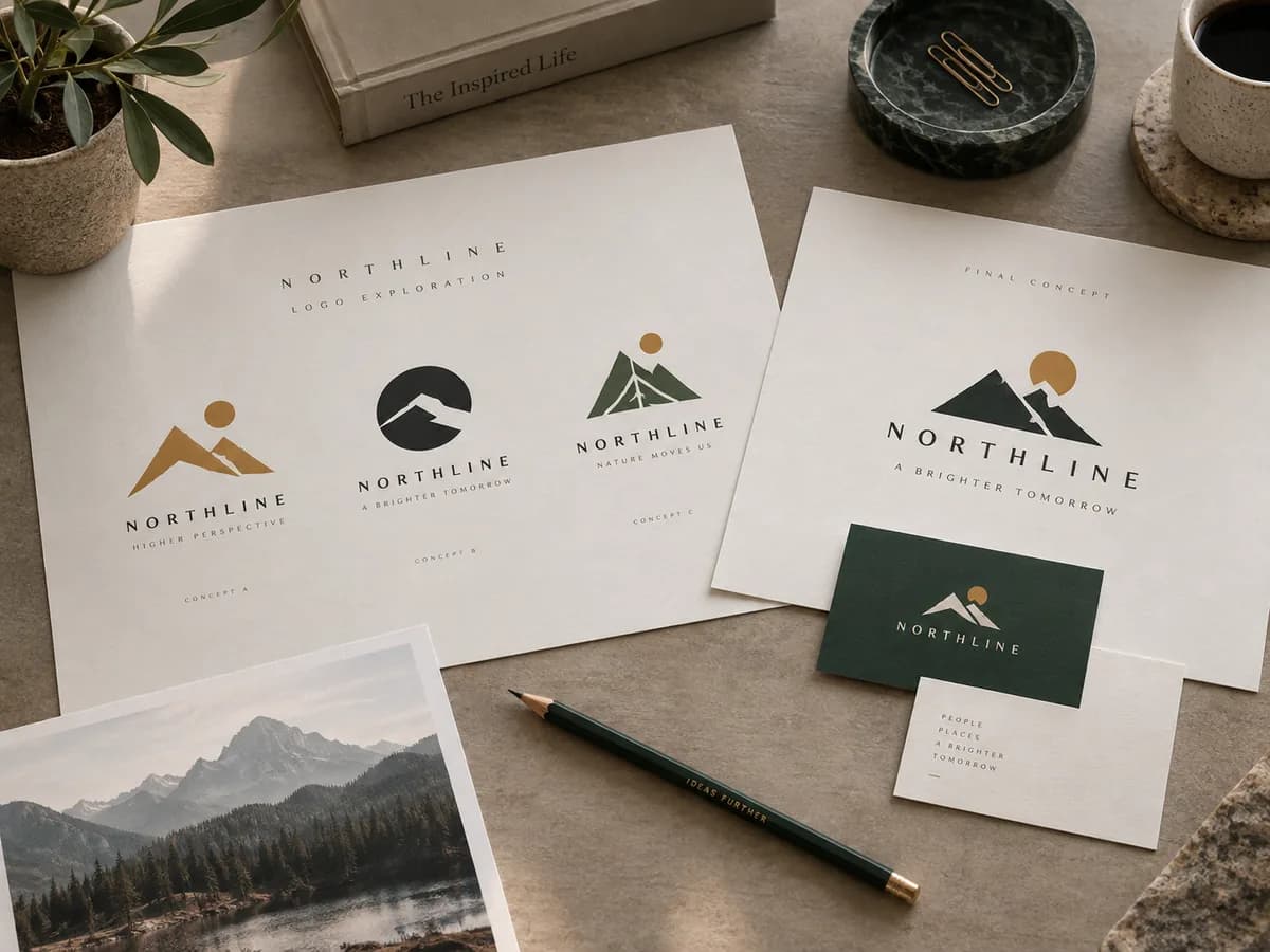 Illustrative Fictional new botanical studio identity presented as expressive sketch-to-mark composition