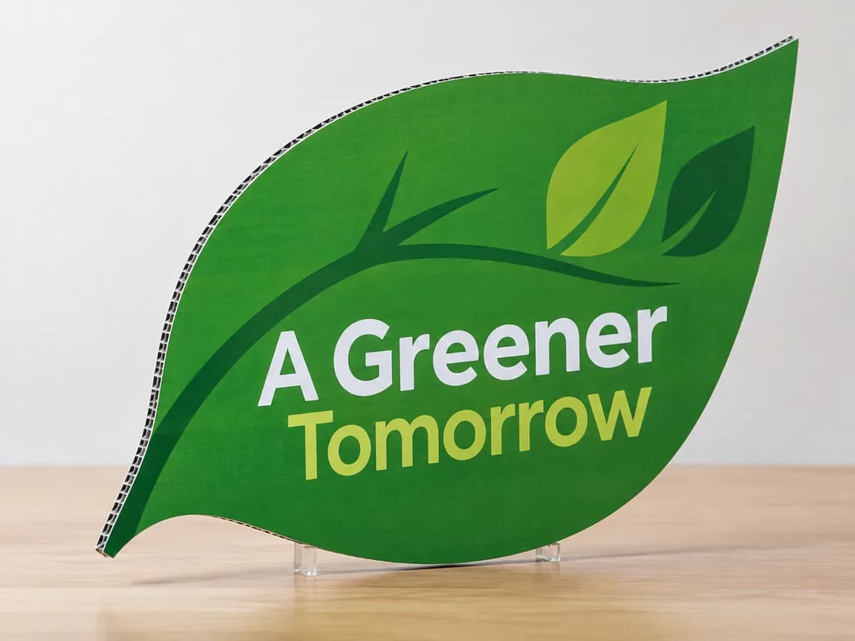 Illustrative Forest-green leaf-shaped ACP concept, thin dark core/aluminum skins; quote/material confirmation before release
