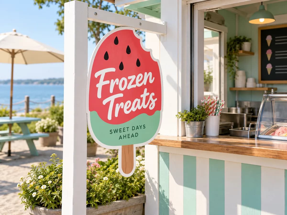 Illustrative Fictional outdoor frozen-treat counter with securely supported shaped sign