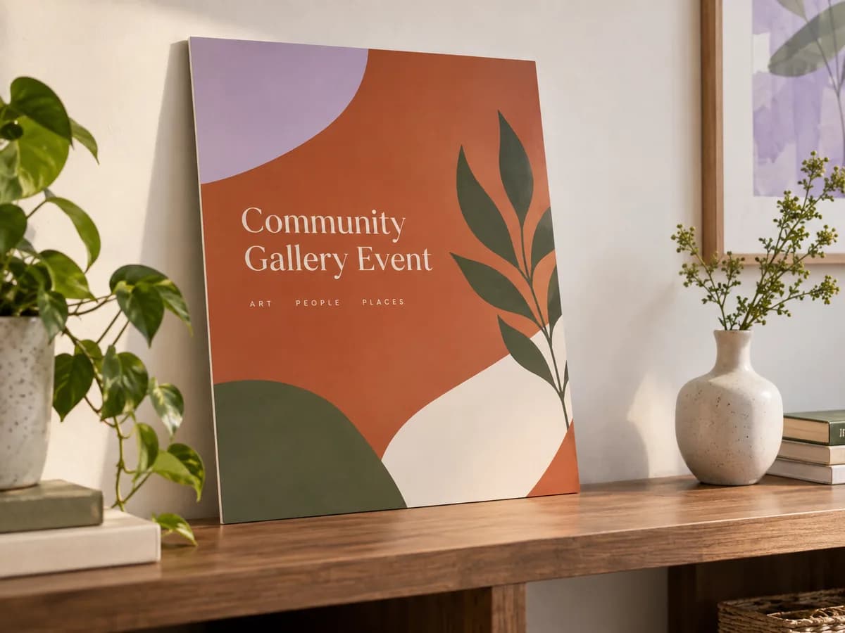 Illustrative Burnt-orange gallery event display leaning safely on indoor shelf