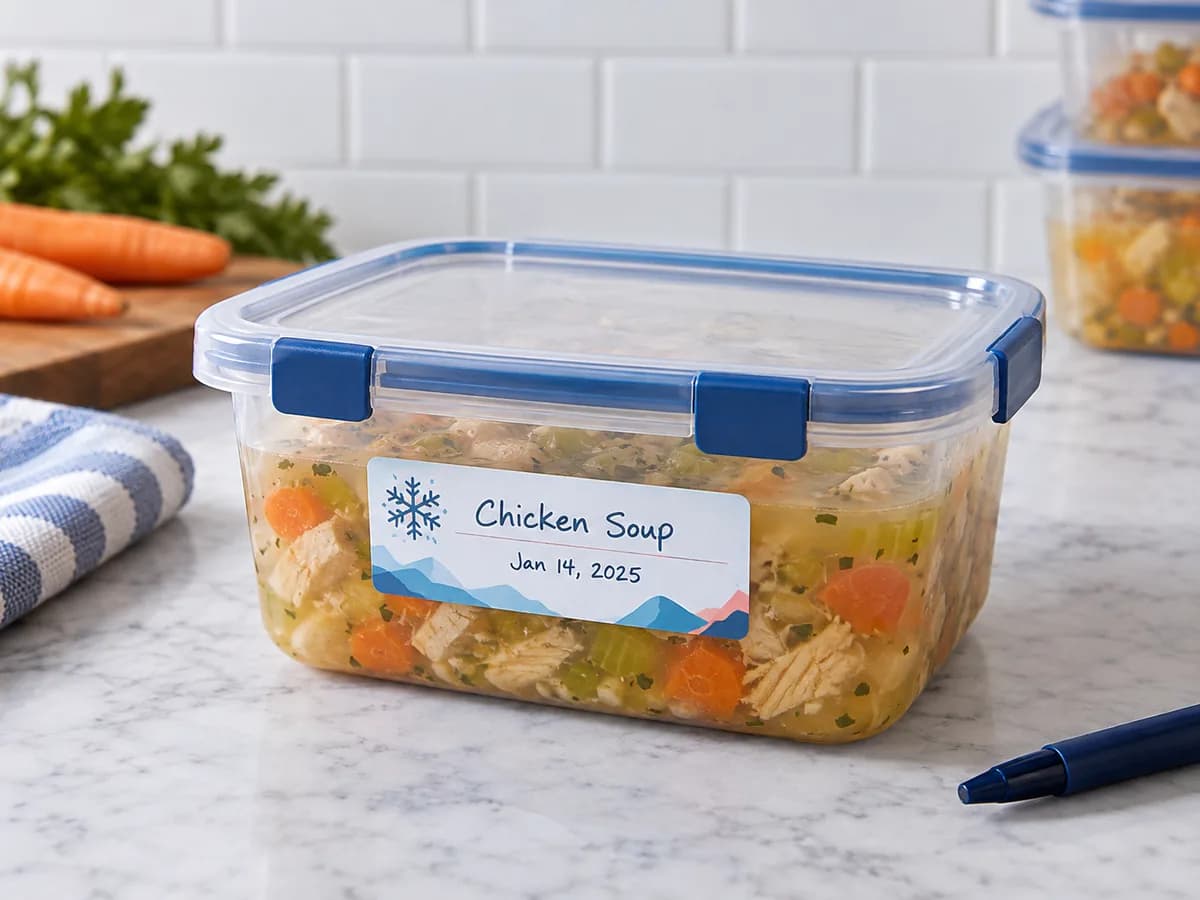 Illustrative Dry labelled container before freezing; smooth firmly attached label corners