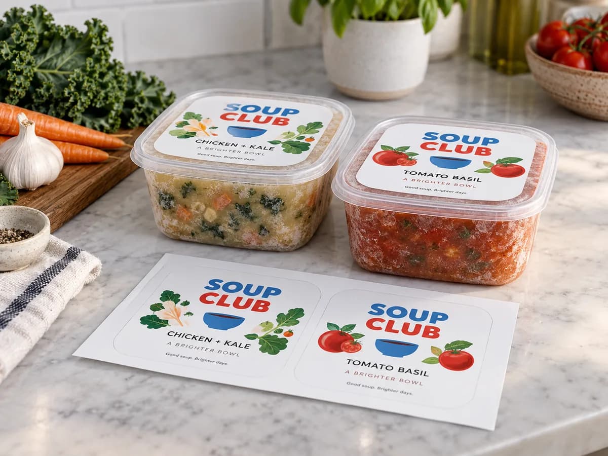 Illustrative Fictional meal-prep container with clean flat gloss label on lid