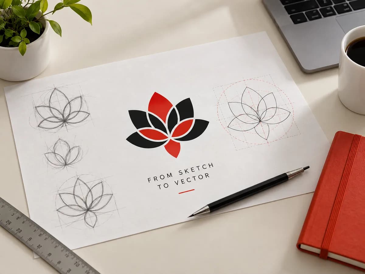 Illustrative Alternate original geometric flower mark; before/after derived from same source needed for honest comparison