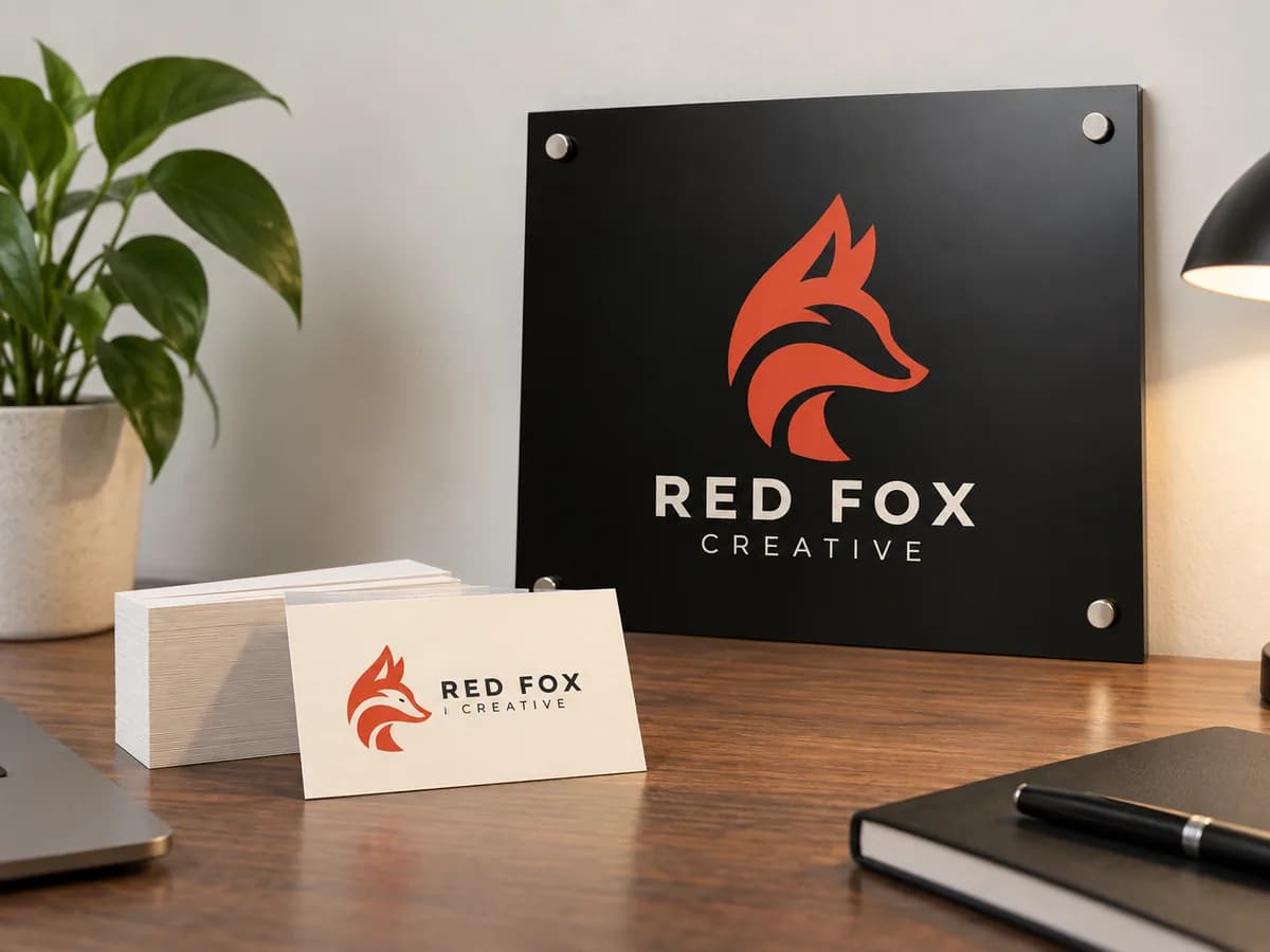 Illustrative Fictional mark consistently applied to card and sign design mockups