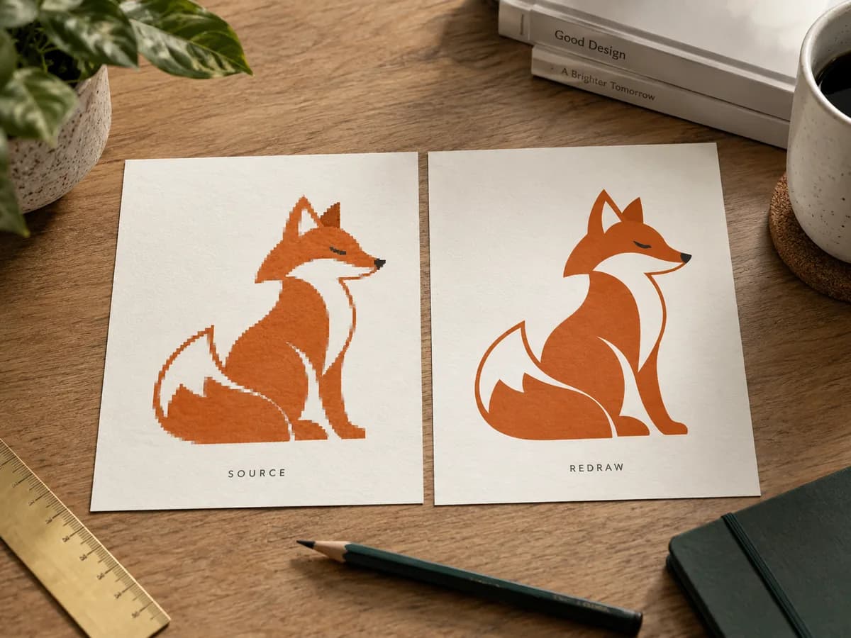 Illustrative Original fictional geometric bird mark in a design workspace, crisp vector result on card